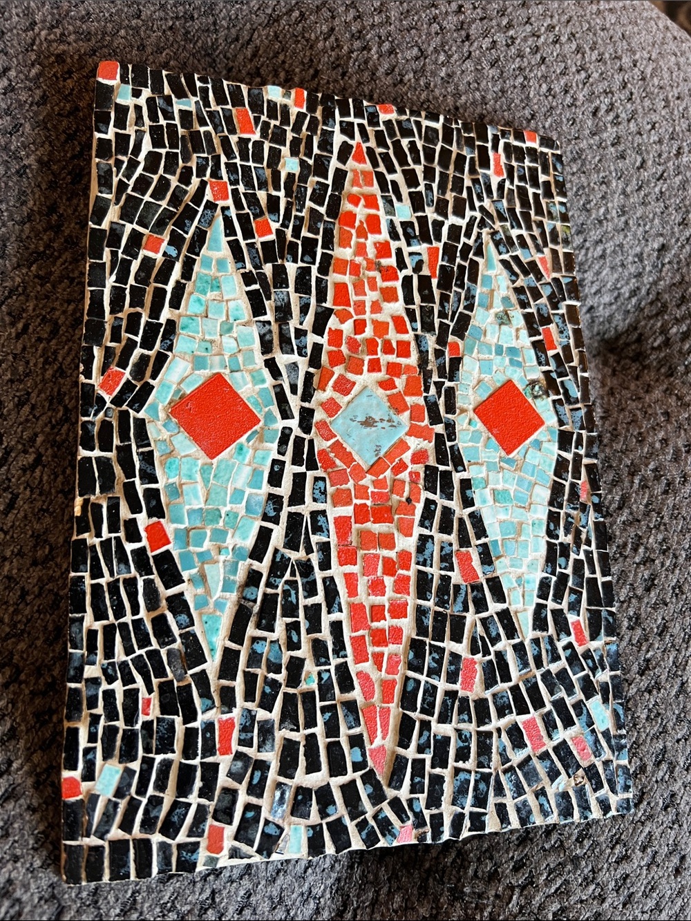 MCM 50s Handmade Mosaic Tile Art Panel in Black, Turquoise & Red